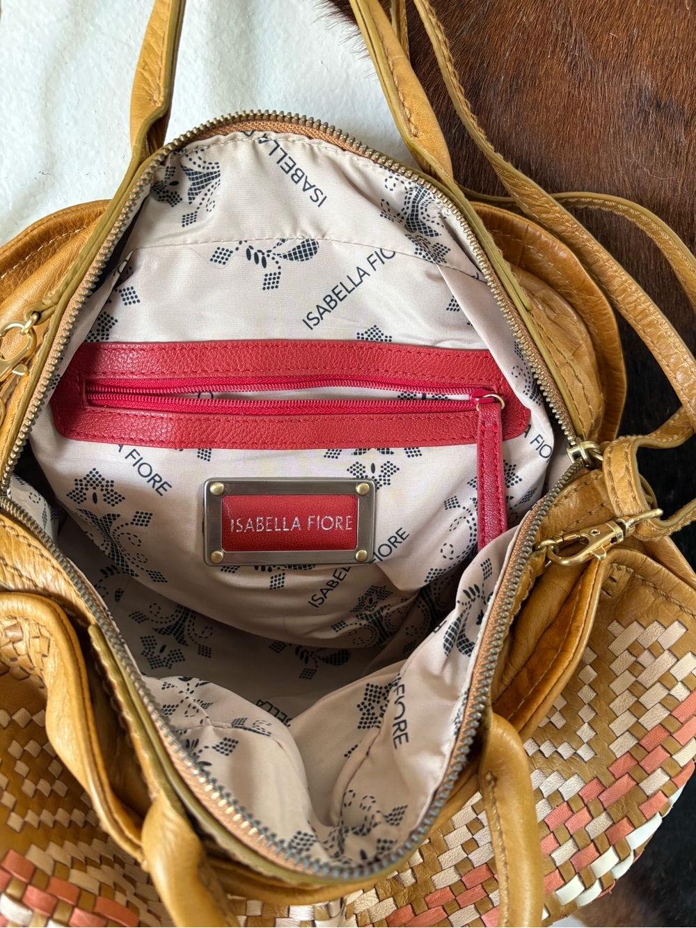 Isabella Fiore Woven Accent Satchel in Tan with Coral and Cream Detailing - Picture 3 of 6